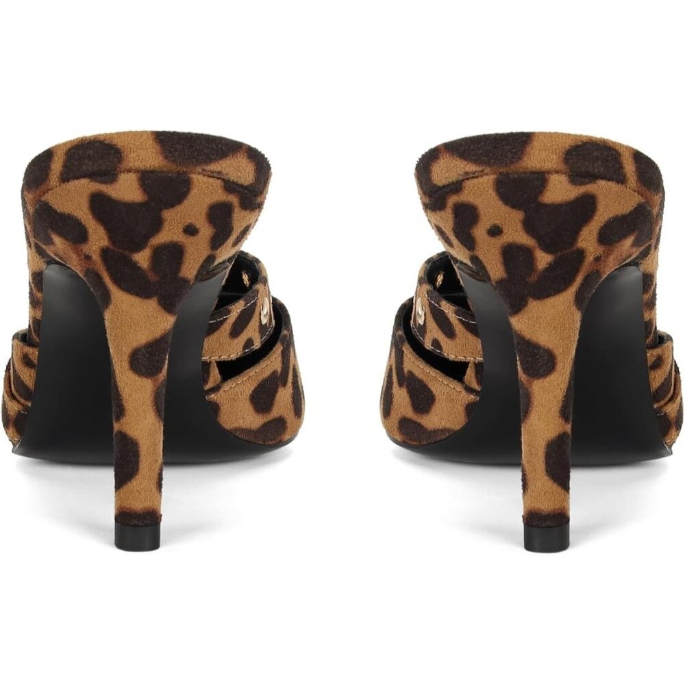 Women's Leopard Print Pointed Closed Toe Dressy Bow Heel Vintage Heeled Mules - Picture 7 of 7